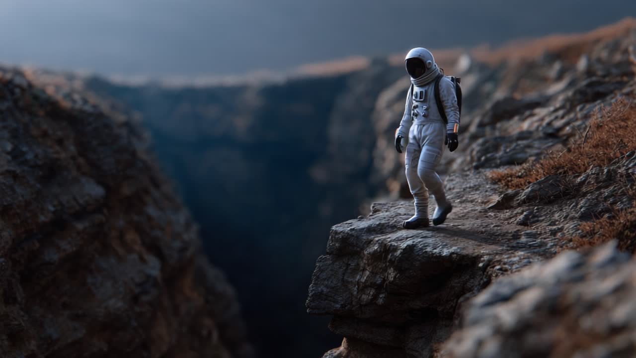 An astronaut carefully navigates the edge of a rocky cliff, surrounded by a vast chasm, showcasing isolation and the unknown in an extraordinary landscape