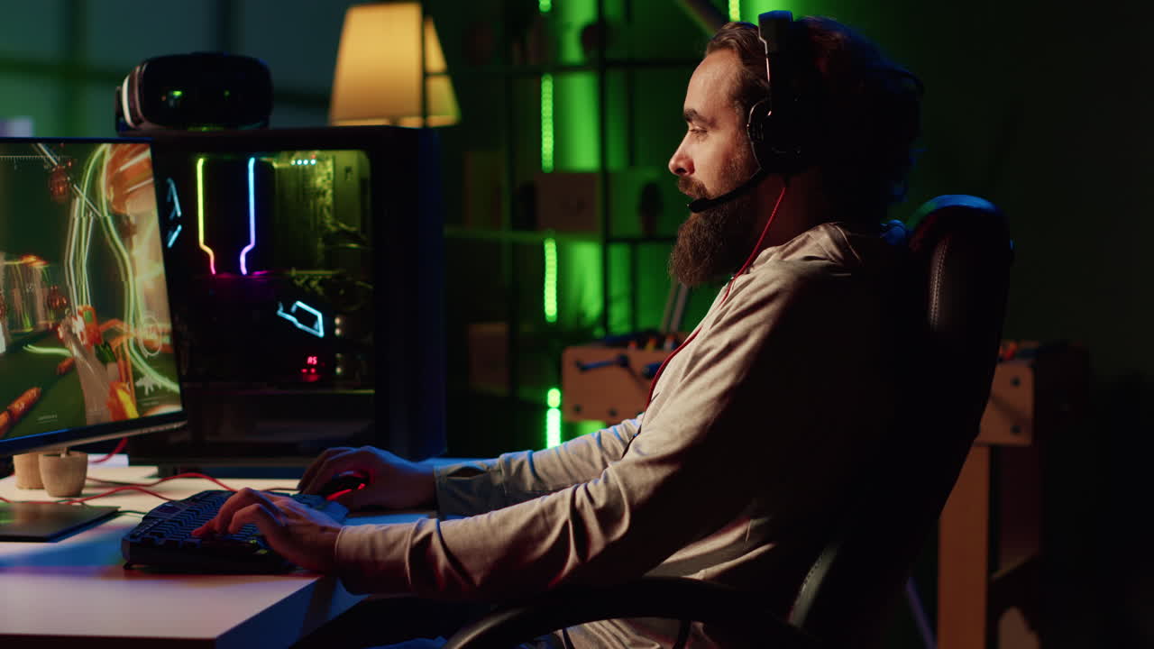 Gamer talking with friends in competitive PvP fps multiplayer game