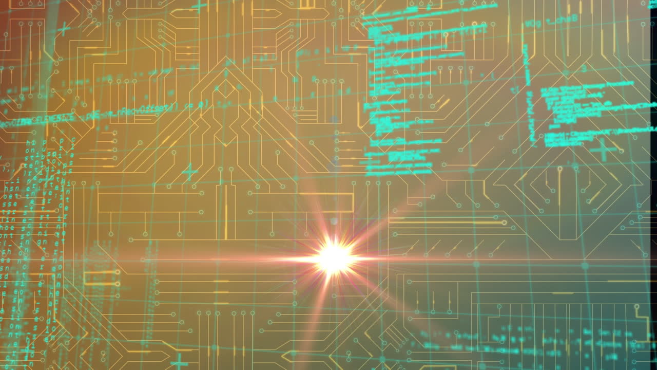 컴퓨터 언어, 그리드 패턴 및 빛의 애니메이션은 그래픽 회로 보드 위에 루프로 움직입니다.