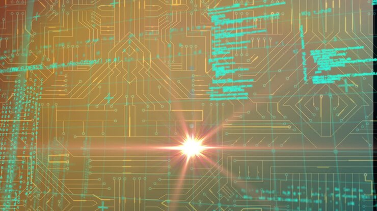 Animation of computer language, grid pattern and light moving in loop over graphical circuit board