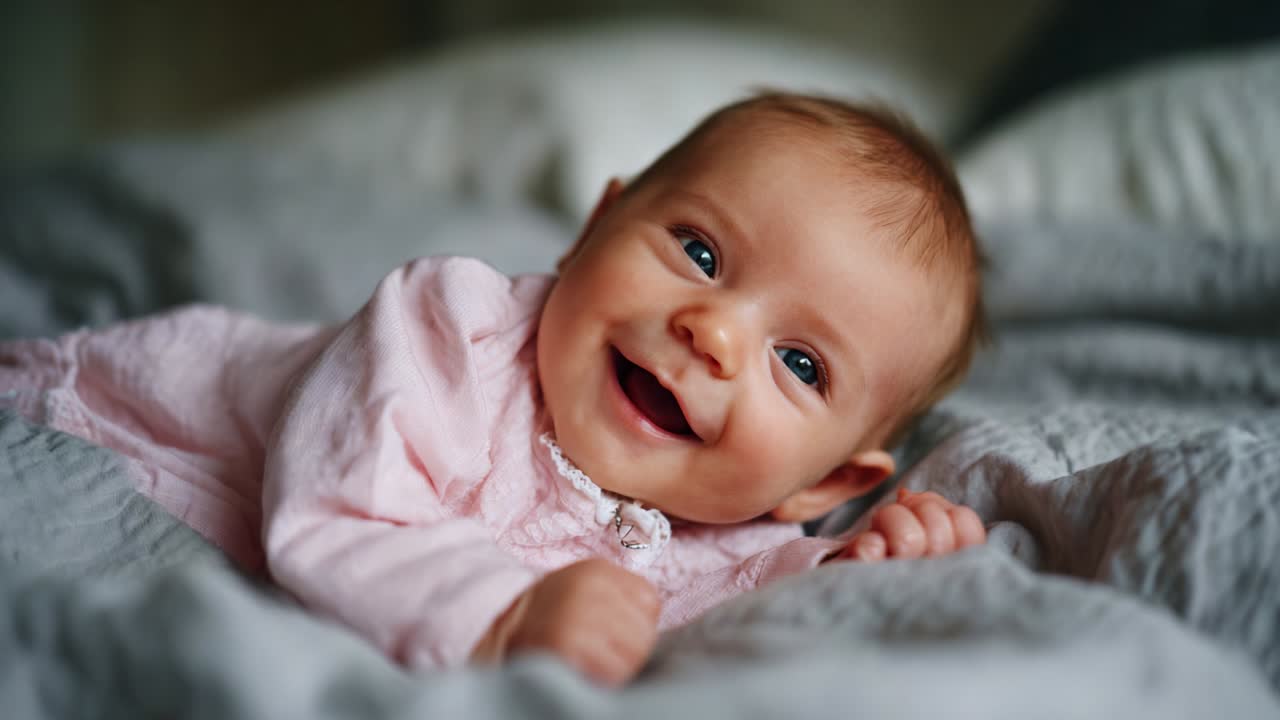 A Joyful Baby's Delight: Captivating Moments of a Smiling Infant on Soft Bedding, Radiating Happiness and Innocence with Every Charming Expression, Showcasing the Essence of Cherished Early Years