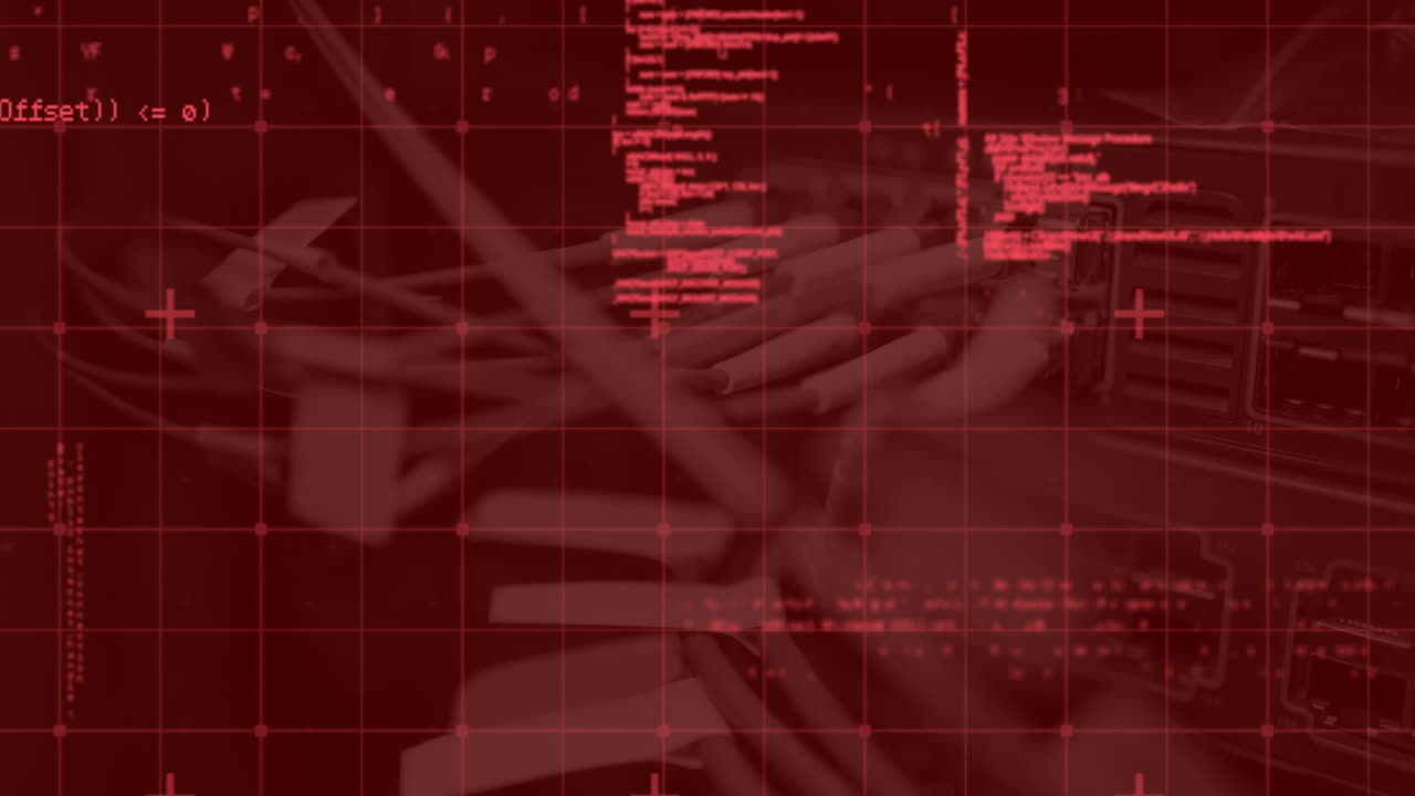 animación del procesamiento de datos frente a un servidor de computadora con cables y cables de internet