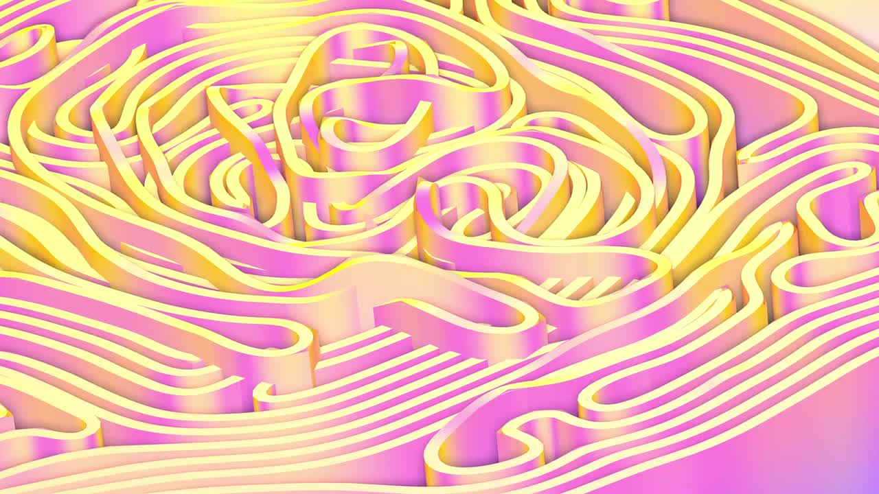 Renderização 3D abstrata de fileiras de tiras de spline coloridas, curvas de luz e sombra, com movimento fluido e fundo de textura de ondas.