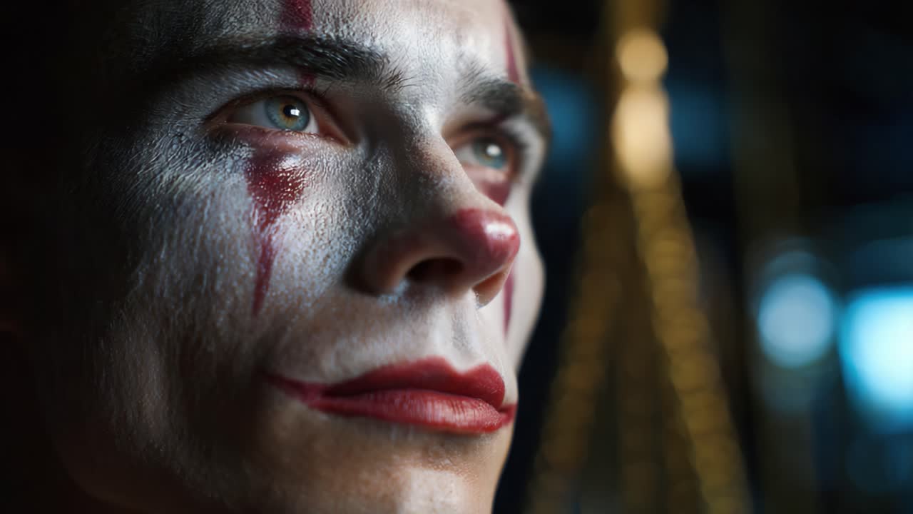 Primo piano di un clown con trucco teatrale ed espressione intensa, catturato in un ambiente scarsamente illuminato che mette in risalto i tratti somatici e le emozioni