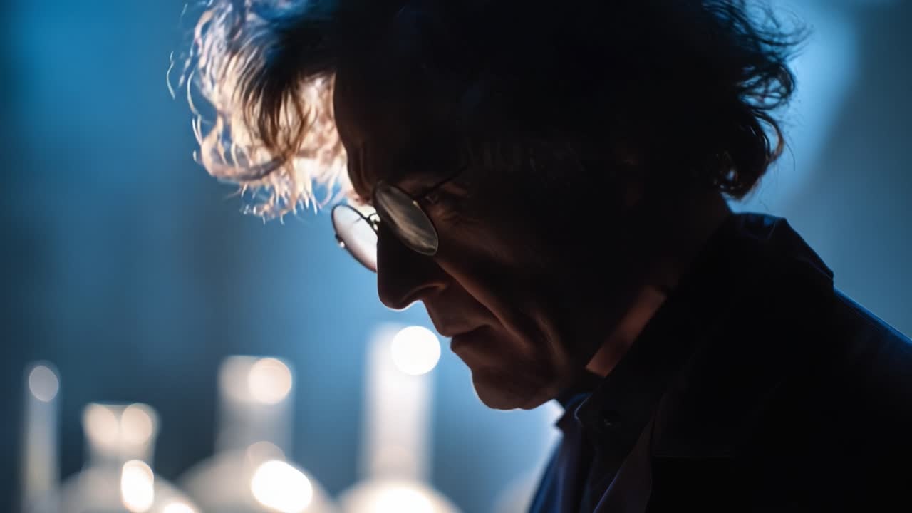 A Contemplative Scientist in Silhouette: Exploring the Depths of Thought and Discovery Amidst a Laboratory Setting with Glassware in the Background