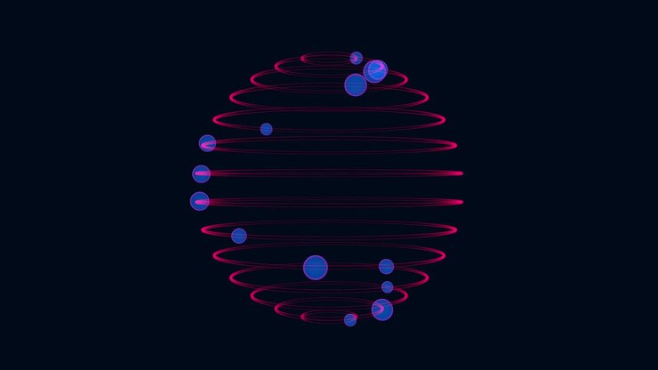 3D abstraction of flying blue spheres that fly in orbit.