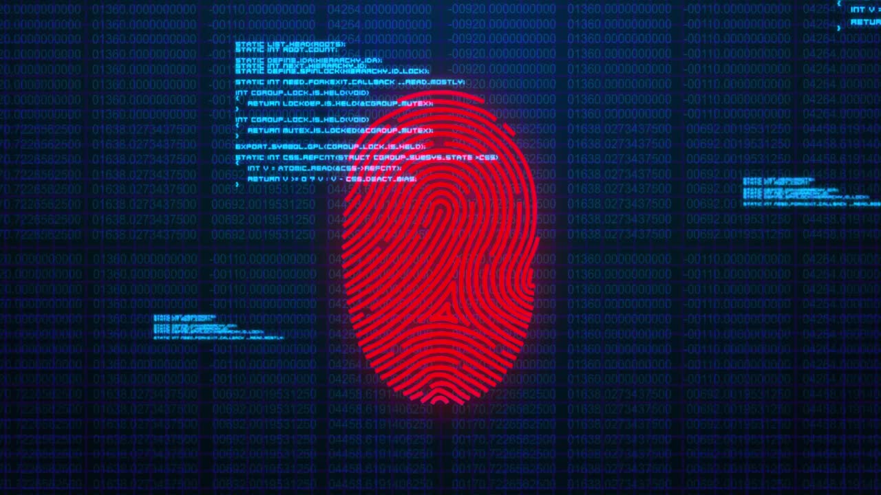 Animation of digital biometric fingerprint computer interface icon and data processing on blue backg