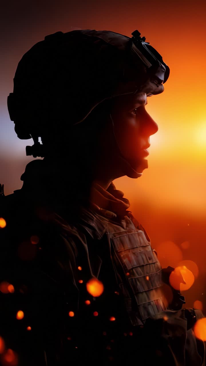 A Solider's Resilience: A Profile Silhouette Against a Vivid Sunset, Symbolizing Strength, Courage, and Commitment in Challenging Times