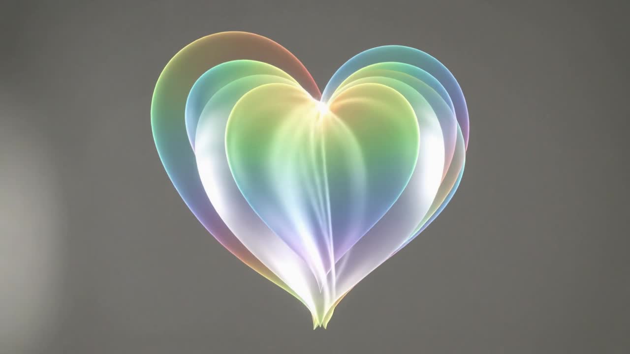 Iridescent heart forming from glow core, growing shells, settling on gray backdrop for designers