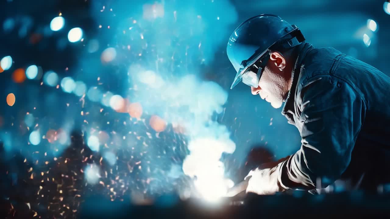 A Skilled Worker Engaged in Welding, Creating Sparks Amidst a Dynamic Blue-Hued Environment, Showcasing Craftsmanship and Focus in an Industrial Setting