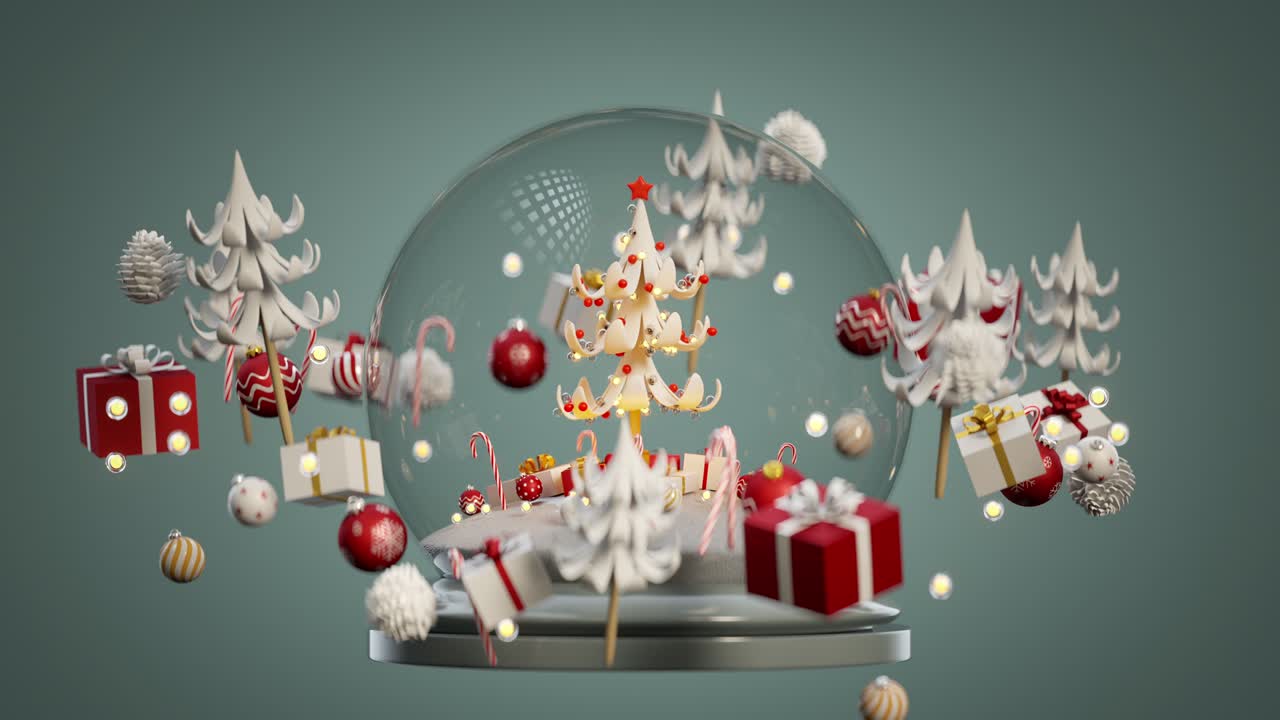 globo de nieve de navidad y adornos flotan en el aire en bucle animación de renderización 3d