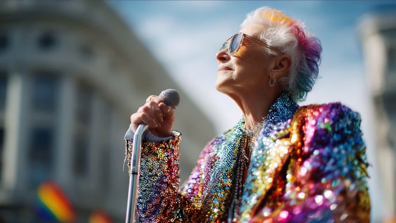 A vibrant and empowered elder performer captivates the crowd during a celebration of love and diversity, showcasing individuality, pride, and joyful expression through a bright, colorful outfit