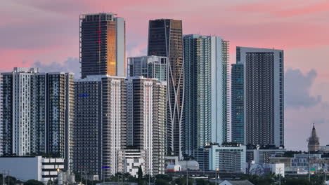 aerial shot of the miami skyline at sunset