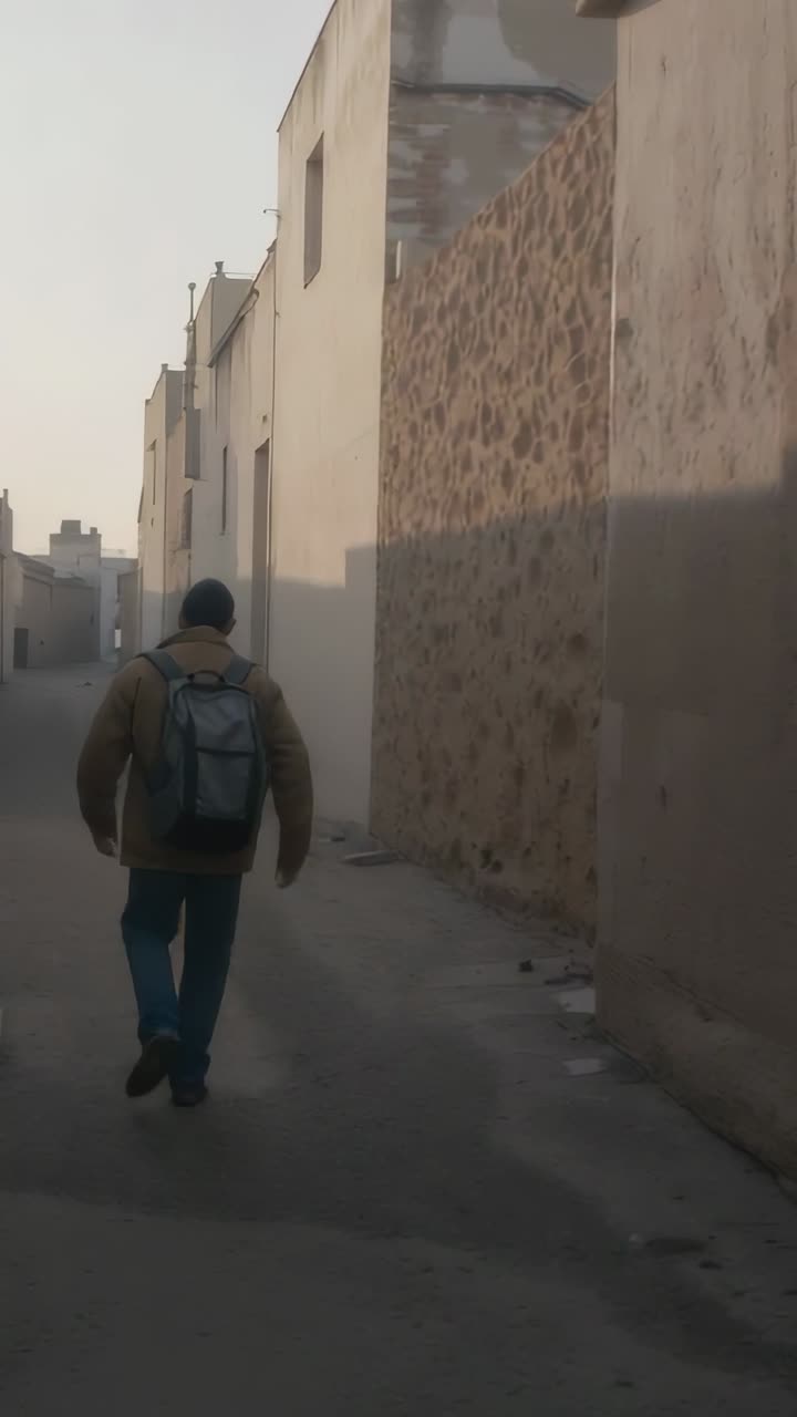 Video verticale: uomo con cappello che cammina partendo vicino alla camera, si sposta lungo uno stretto vicolo con uno zaino