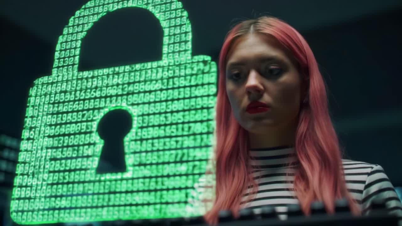 A young woman with vibrant pink hair gazes intently at a holographic green lock display, symbolizing cybersecurity and digital protection in a high-tech environment