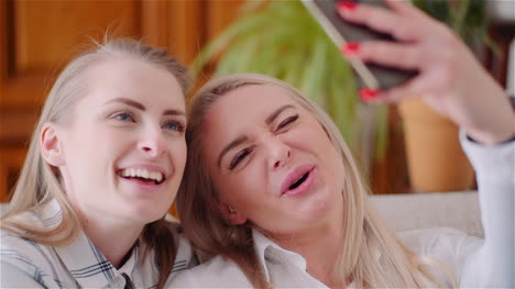 Two-Positive-Energetic-Women-Taking-Selfie-Photo-On-A-Sofa-In-Luxury-Modern-Living-Room-4