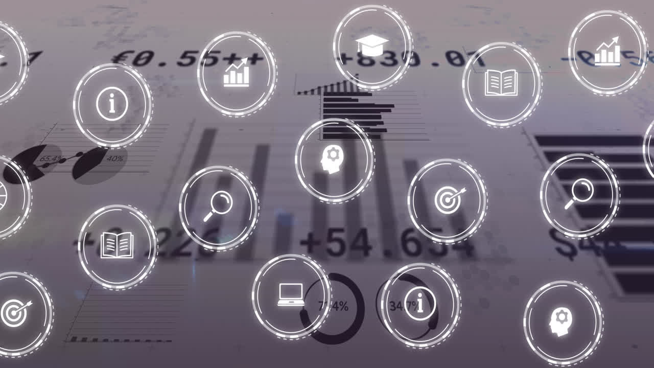 Animation of multiple digital icons over statistical data processing against grey background