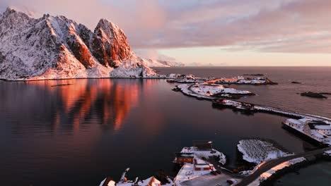 stunning aerial view of lofoten islands in winter at sunset