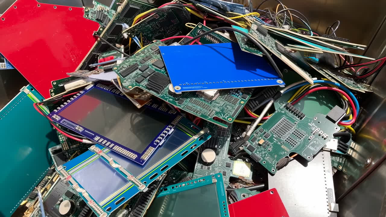 Pile Electronic Circuit Boards And Displays In Metal Bin With Tangled Wires, Multicolored LCD Panels,
