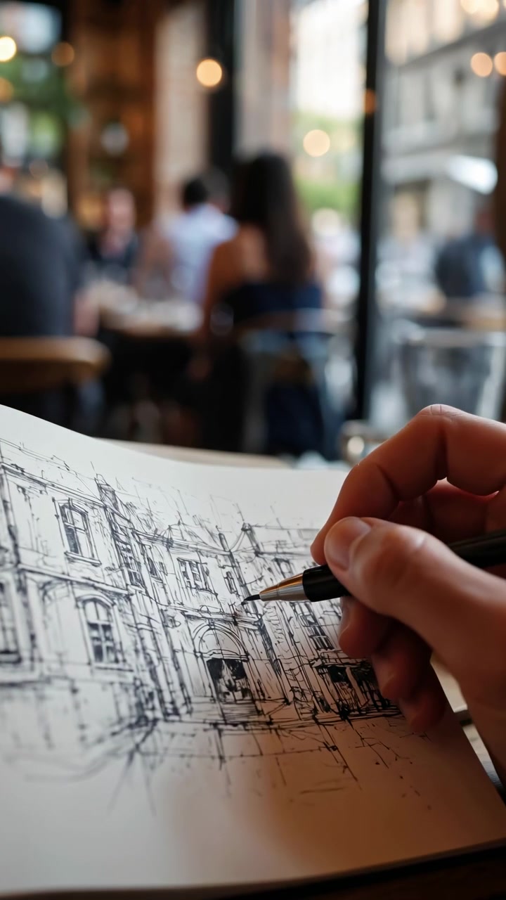Close view shows hand sketching fine lines on white paper while architectural details develop gradually, with cafe surroundings, soft daylight, shallow focus, and calm workspace atmosphere.