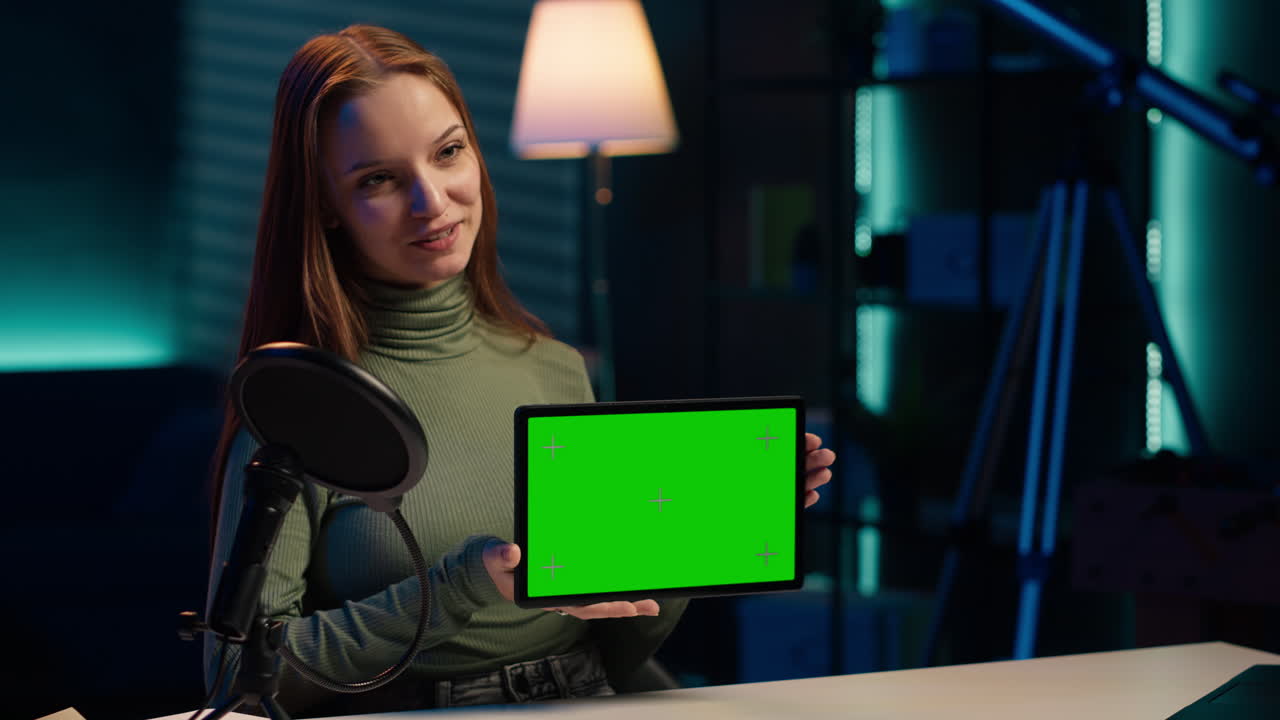 Happy influencer presenting mockup tablet in entry level low budget price range