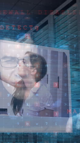 animación de advertencias de seguridad digital, a través de hackers que utilizan computadoras, salas de servidores y procesamiento de datos