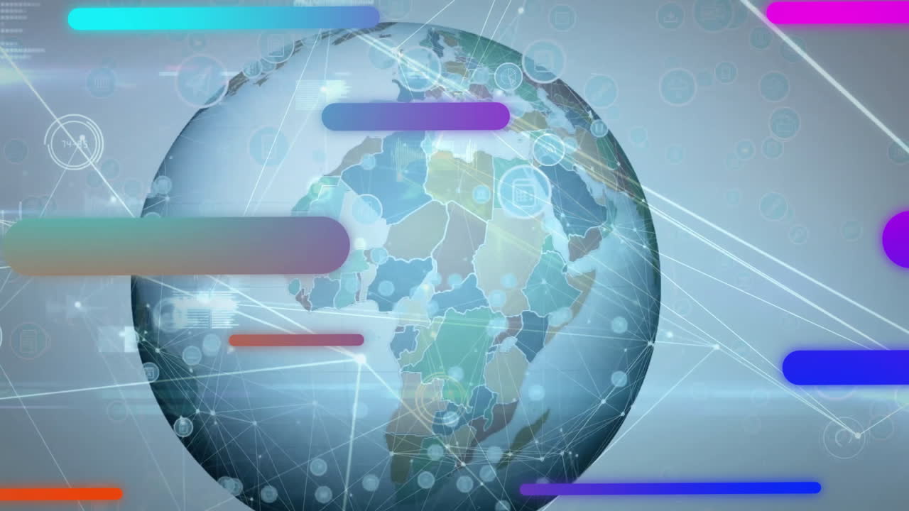 globo con barras coloridas y conexiones de red, animación de comunicación global