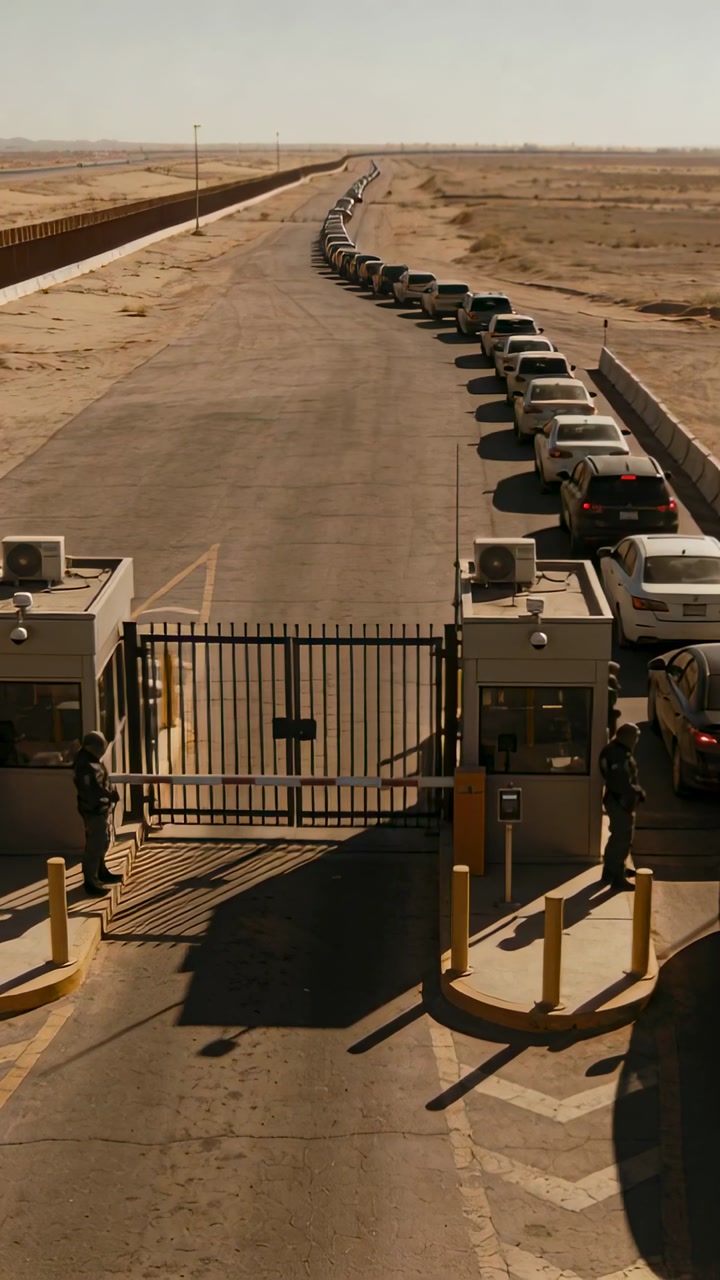 Vertical video: Waiting cars at desert gate, closed gate keeping drivers, uniformed guards watching