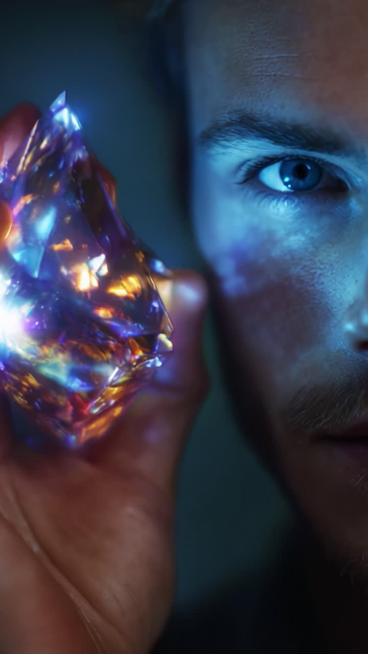 A close-up shot of a captivating individual holding a radiant, multifaceted crystal, filled with vibrant colors and shimmering lights, showcasing a stunning interplay of reflections against their striking facial features
