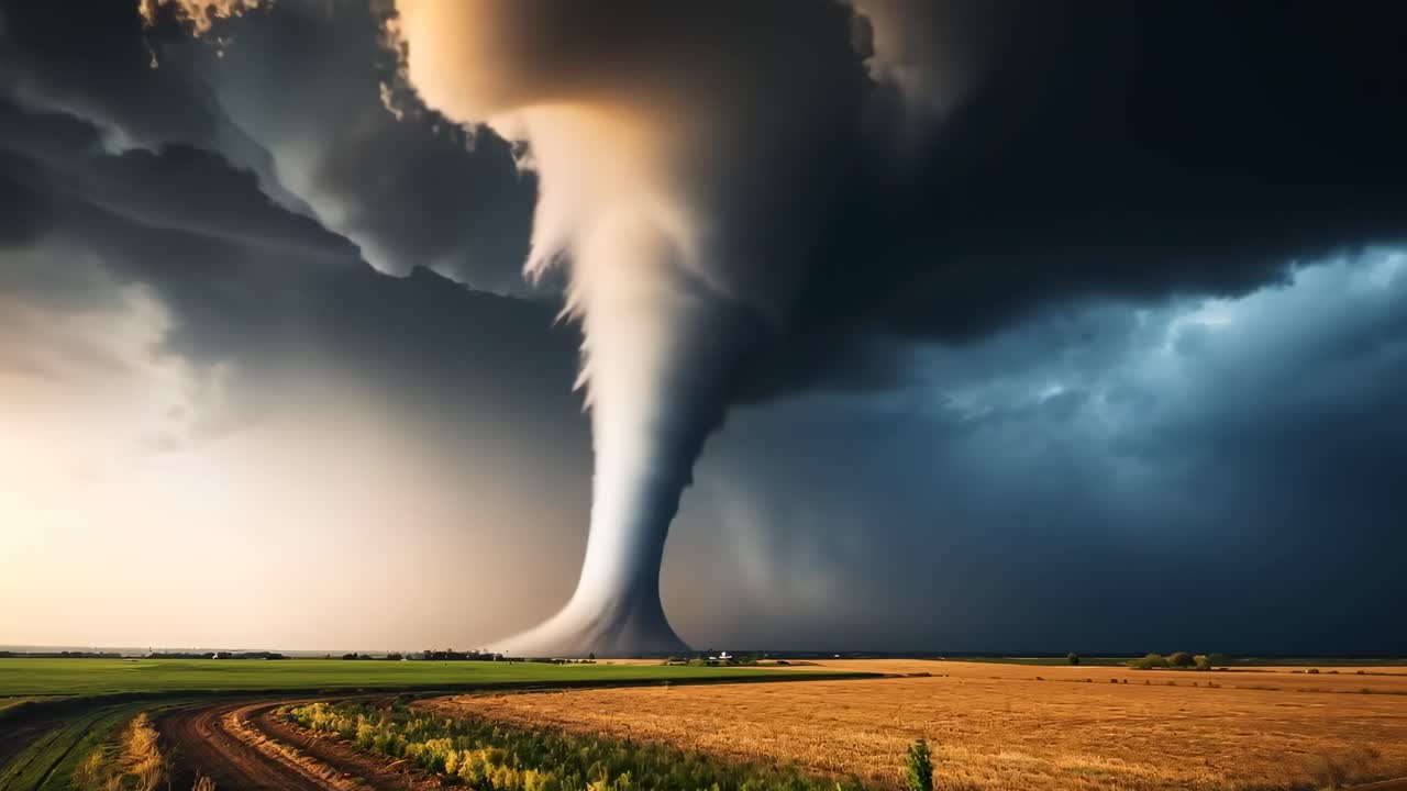 Dramatic wide-angle shot of a tornado over fields, capturing the raw power of nature