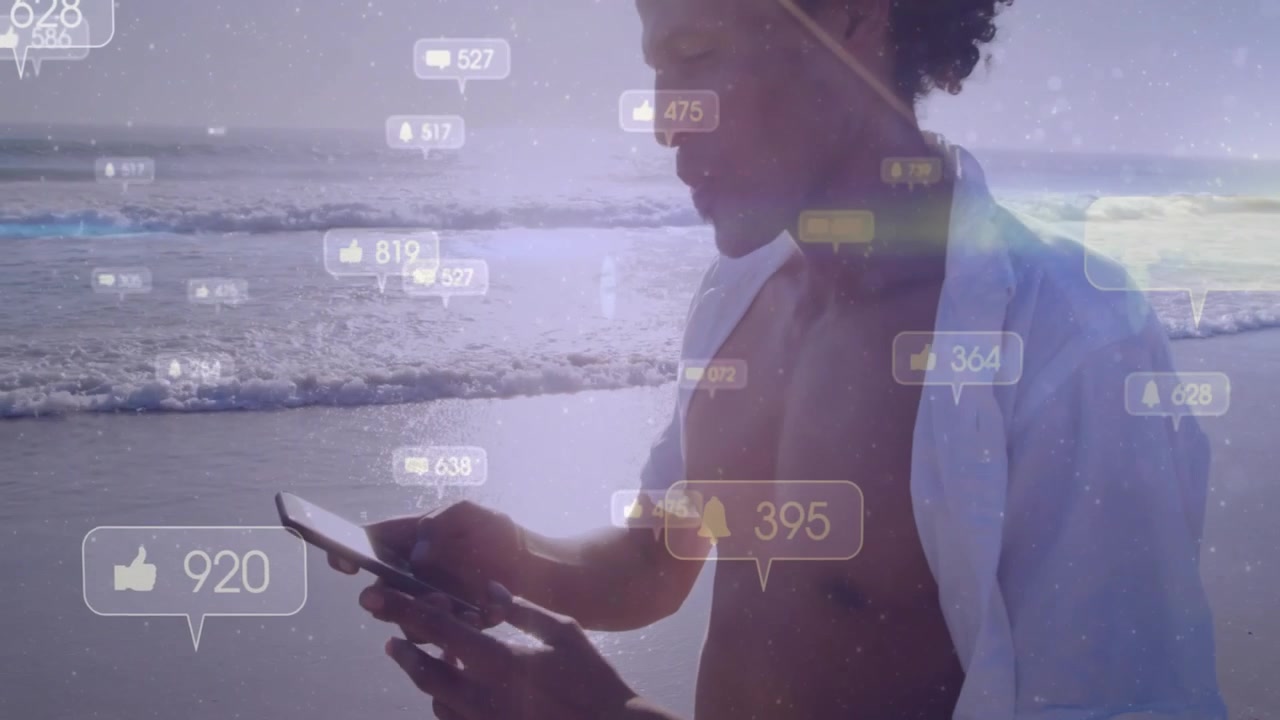 Mid adult man scrolling smartphone at beach generating social media bubbles boosting engagement