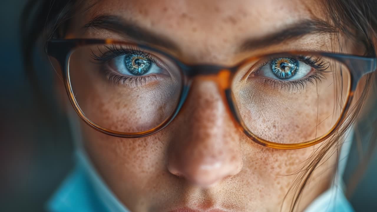 Close-Up Portrait of a Young Woman Wearing Glasses and a Mask, Highlighting Her Striking Blue Eyes and Freckles Against a Soft Background