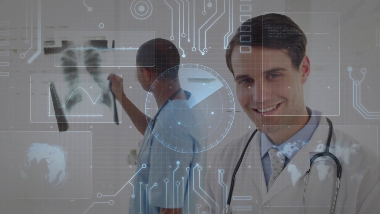 Dos médicos revisando radiografías, el de la izquierda manipulando películas que activan una interfaz HUD, el de la derecha tomando notas para el diagnóstico