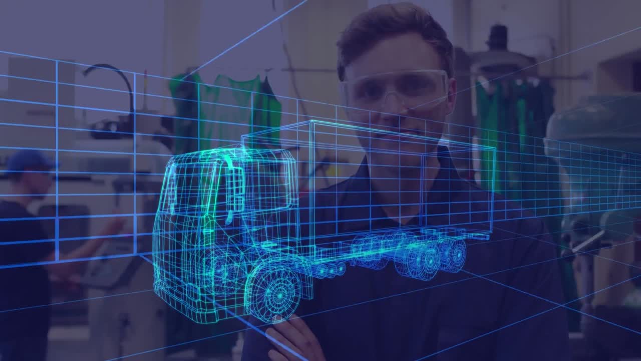 animación de un dibujo de coche en 3d sobre un hombre con gafas de protección