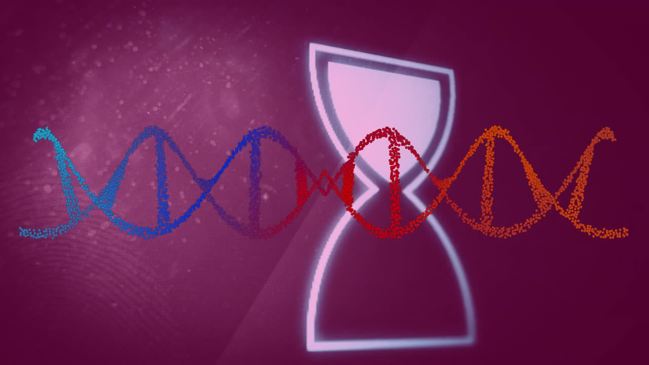 cadena de adn animada y reloj de arena en fondo púrpura