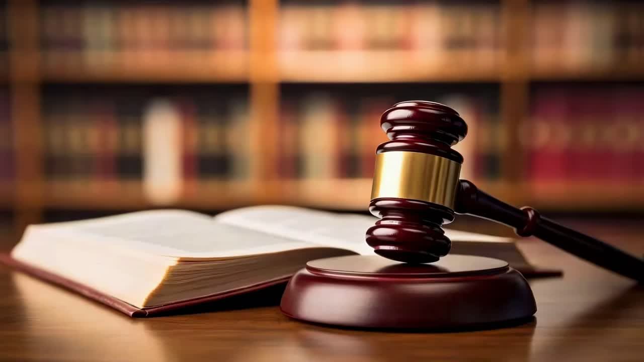 Close-up video of a gavel and open book on a wooden table, symbolizing justice