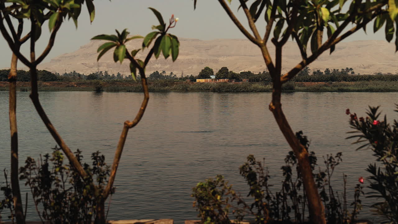 Nile River view framed by small trees, with lush greenery, golden sand hills, and a bright sky. A layered Egyptian landscape blending water, desert, and life