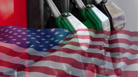 animación de bombas de gasolina y bandera de los estados unidos de américa