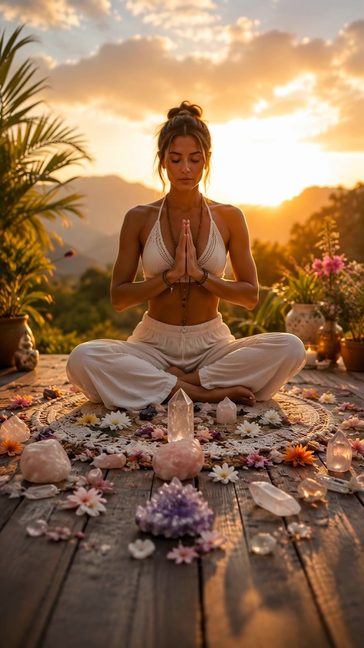 Una persona seduta rimane immobile in posizione di meditazione su una terrazza con vegetazione e un tenue bagliore del tramonto, con cuscini, una superficie in legno, colori caldi e una composizione esterna tranquilla.
