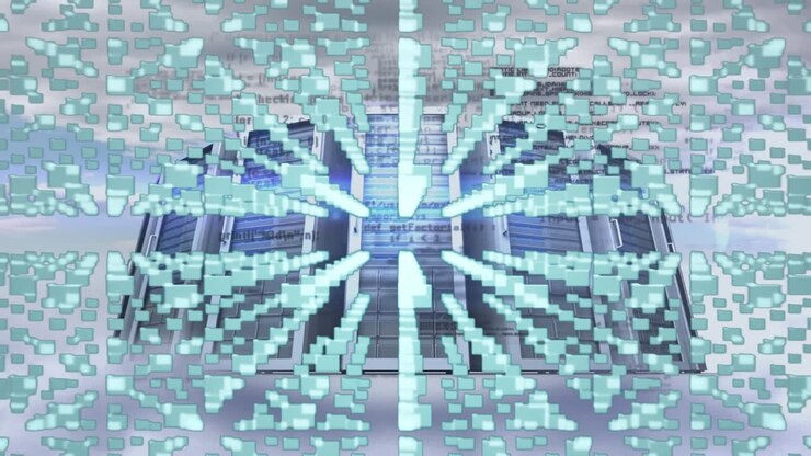 Animation of folders and digital padlock over servers and clouds