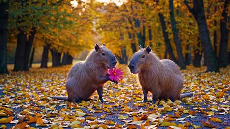 capybaras with a flower in autumn park