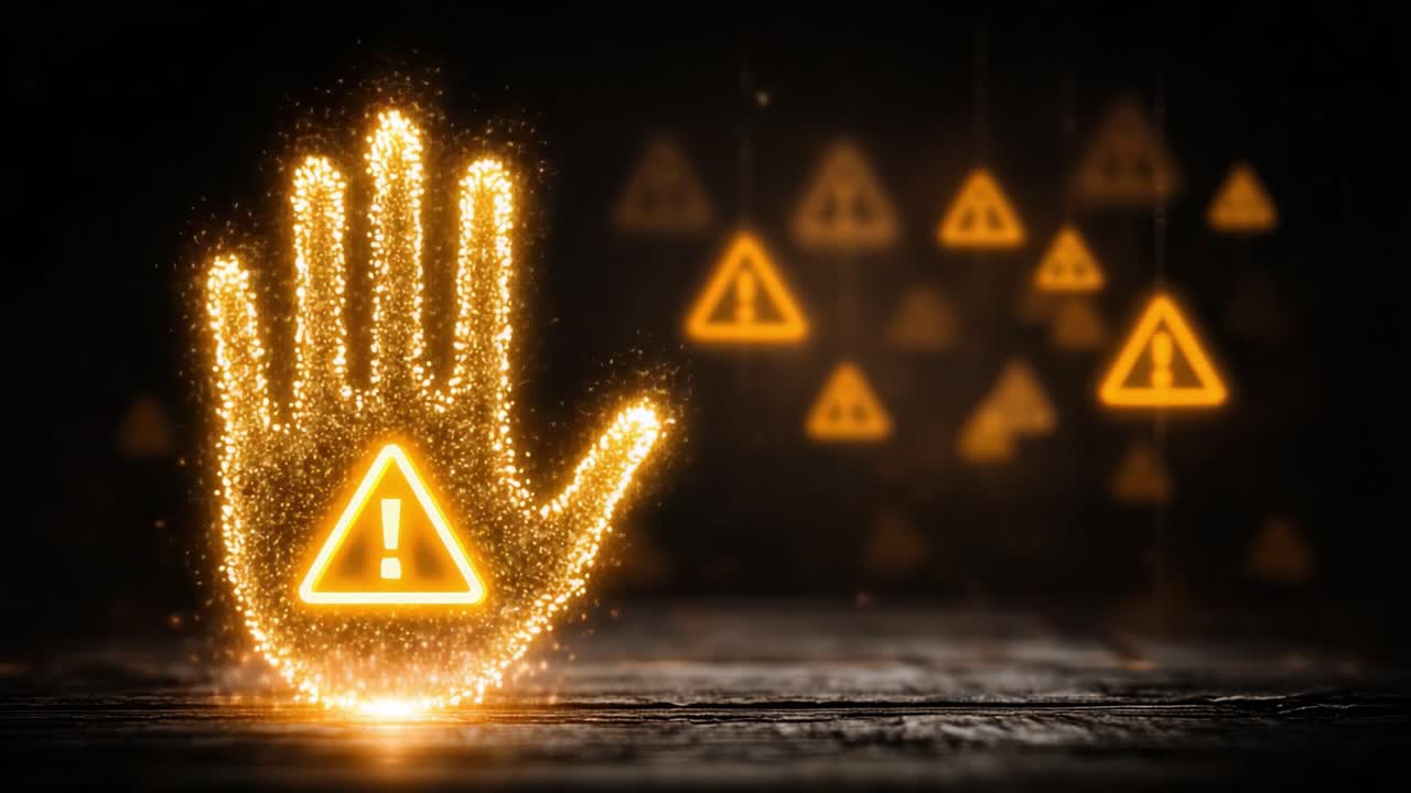 A Glowing Warning Signal: Illuminated Hand with Caution Signs Highlighting Safety Concerns in a Dark Environment