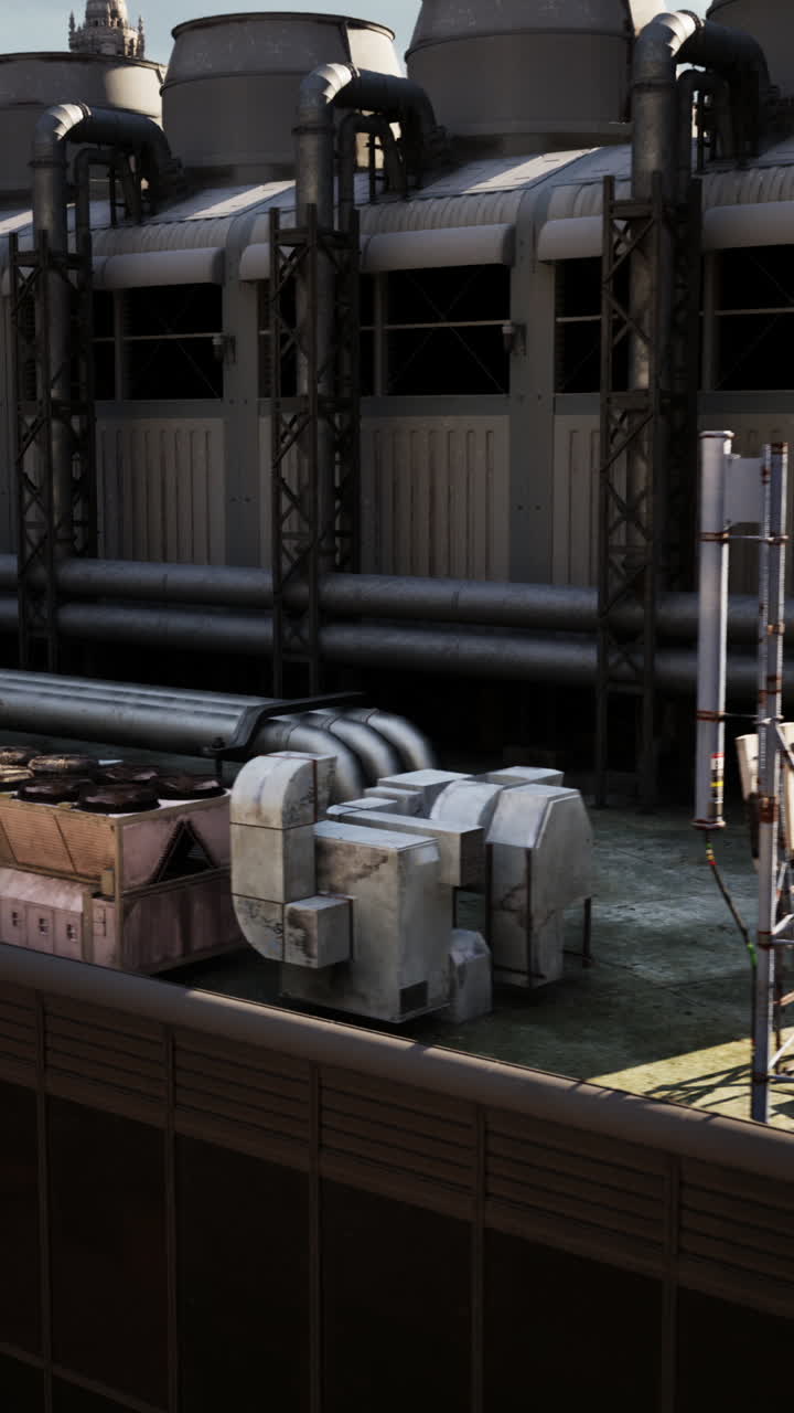 tetto industriale con torri e tubi di raffreddamento