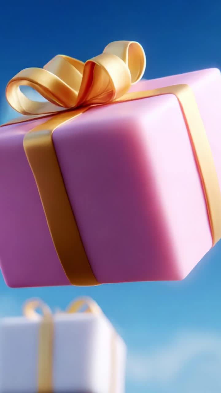 A pair of beautifully wrapped gifts floating against a bright blue sky, showcasing their vibrant colors and festive ribbons, symbolizing celebration and the joy of giving during special occasions