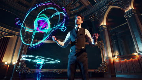 man performing magic illusion in a grand hall