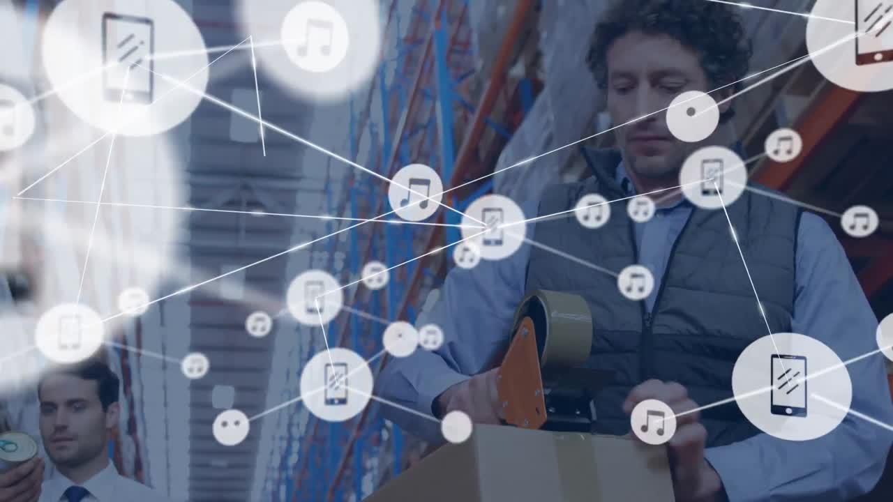 창고에서 백인 남성 노동자들에 대한 아이콘과 연결 네트워크의 애니메이션