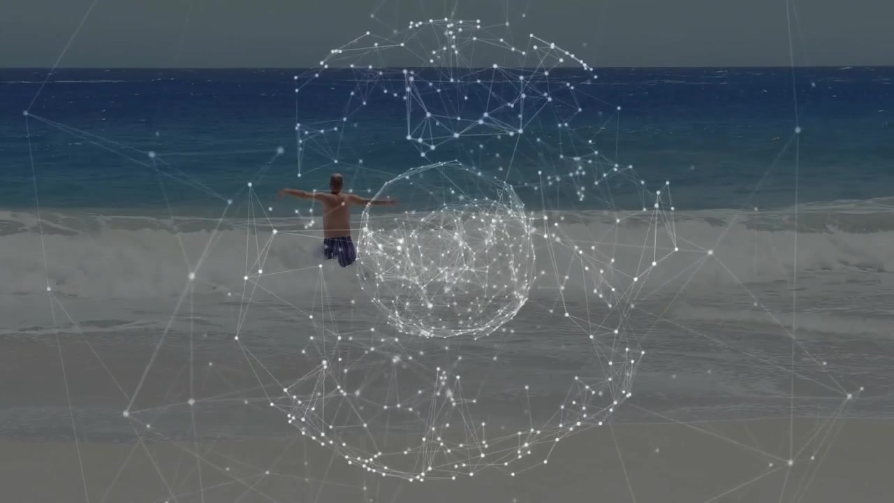 Uomo che entra nell'oceano e attiva una sfera tecnologica luminosa che visualizza la connettività dei dati
