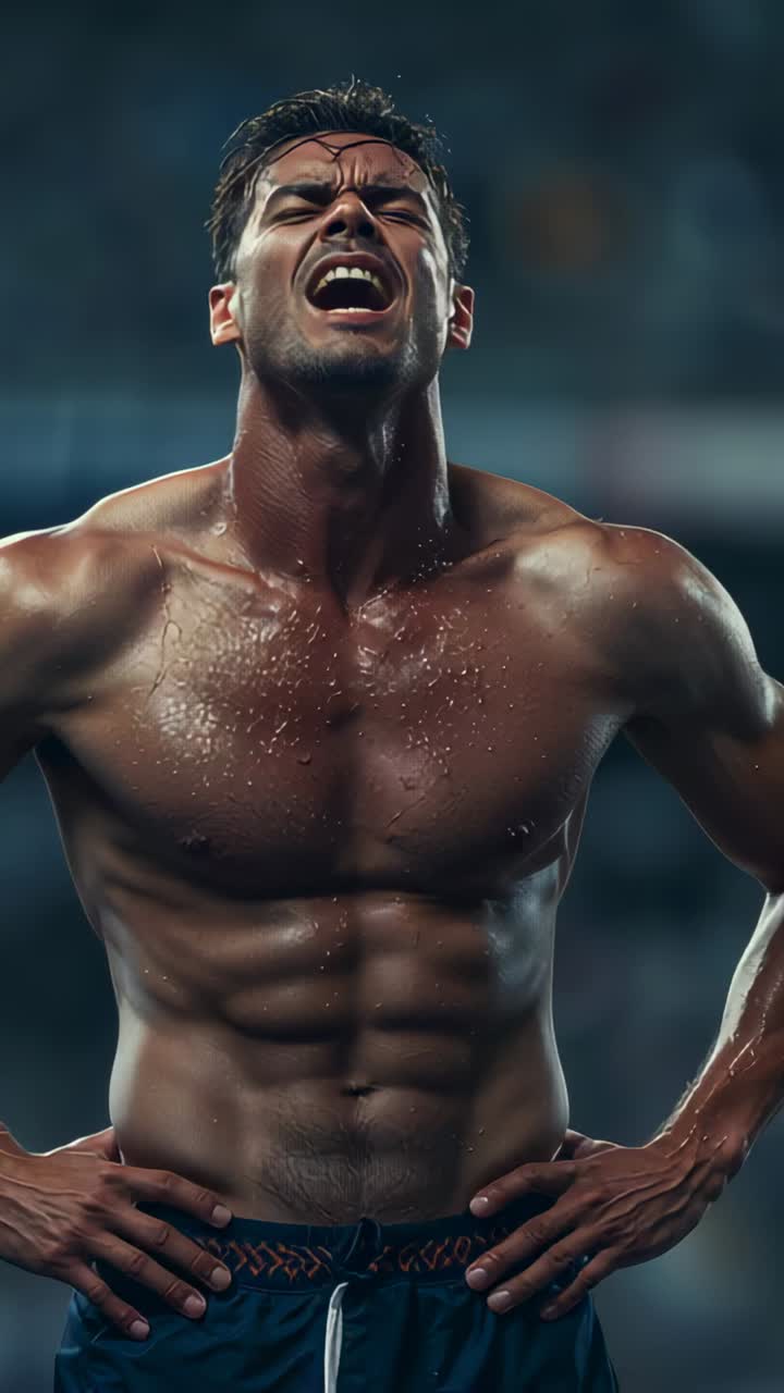 Vertical video: Shouting shirtless athlete reacting to bell and gasping in stadium with sweat