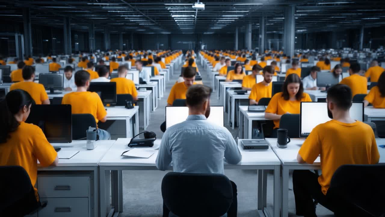 A lone individual focused on their computer in a vast workspace filled with numerous colleagues, illustrating the blend of isolation and teamwork in a modern office environment