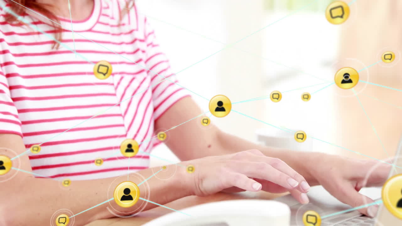 Animation of network of connections with people icons over caucasian businesswoman